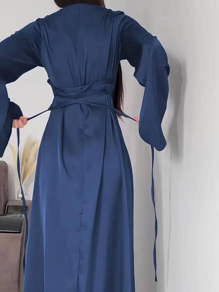 Women's Long Sleeve Satin Maxi Formal Evening Gown Dress