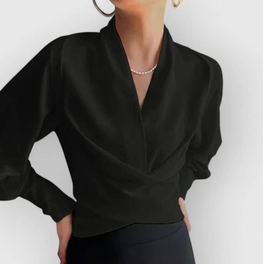 Blouse femme en satin, cache-cœur, col en V et manches longues