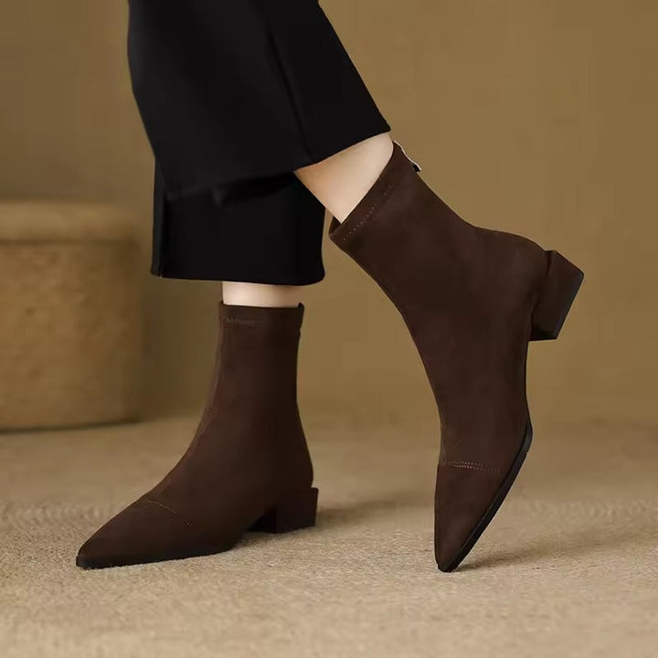 Women's Pointed Toe Suede Stretch Block Heel Ankle Boots
