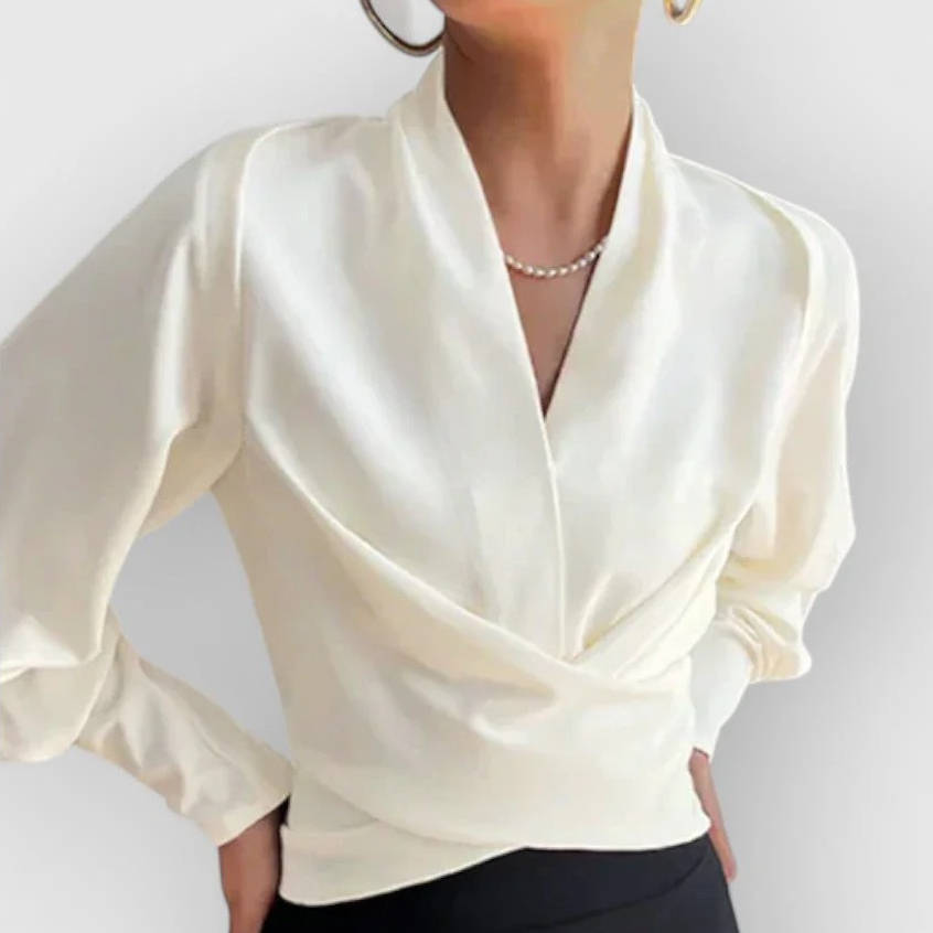 Blouse femme en satin, cache-cœur, col en V et manches longues