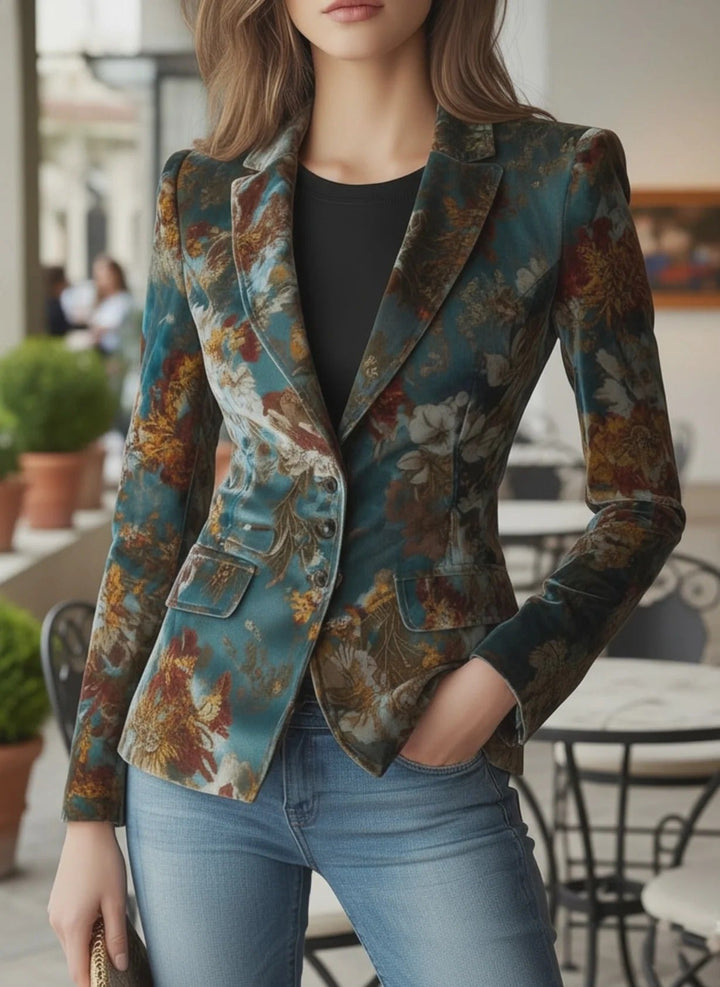 Blazer fleuri en velours pour femme, veste de tailleur imprimée, manteau de costume