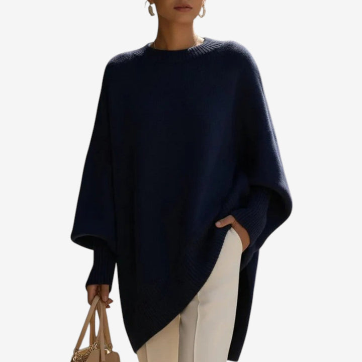 Γυναικεία μάλλινη oversized τουνίκ με στρογγυλή λαιμόκοψη και μανίκια τύπου νυχτερίδα