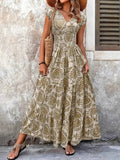 Robe longue imprimée pour femme en rayonne, à manches courtes, col en V, smockée et à volants étagés