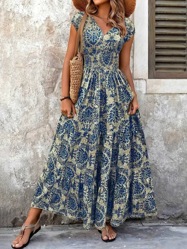 Robe longue imprimée pour femme en rayonne, à manches courtes, col en V, smockée et à volants étagés