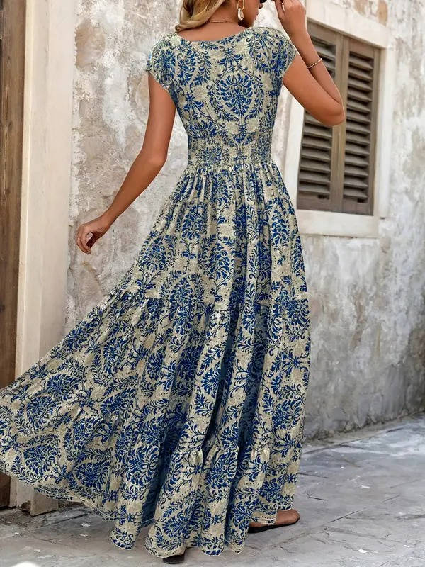 Robe longue imprimée pour femme en rayonne, à manches courtes, col en V, smockée et à volants étagés