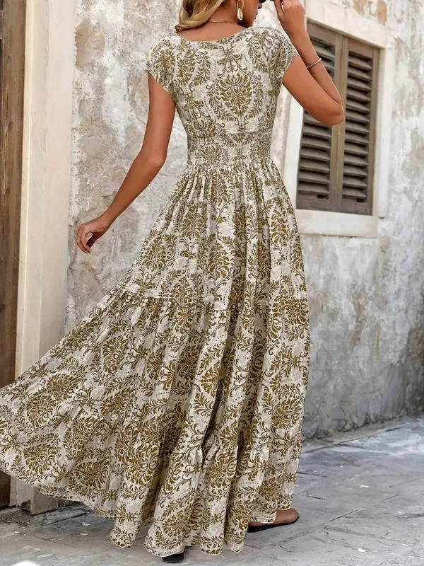 Robe longue imprimée pour femme en rayonne, à manches courtes, col en V, smockée et à volants étagés