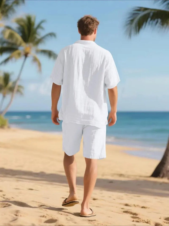 Męski lniany zestaw plażowy: koszula z krótkim rękawem i szorty