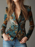 Blazer fleuri en velours pour femme, veste de tailleur imprimée, manteau de costume