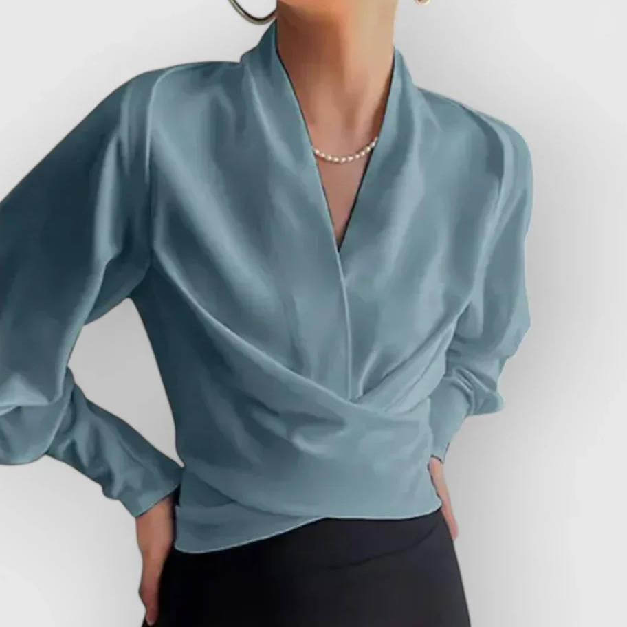 Blouse femme en satin, cache-cœur, col en V et manches longues