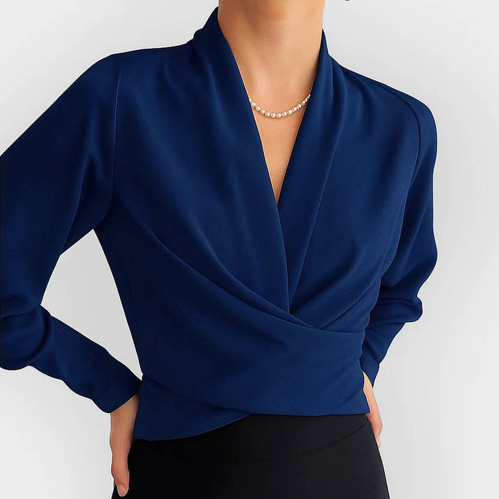 Blouse femme en satin, cache-cœur, col en V et manches longues