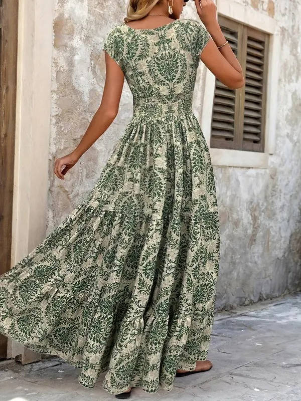 Robe longue imprimée pour femme en rayonne, à manches courtes, col en V, smockée et à volants étagés
