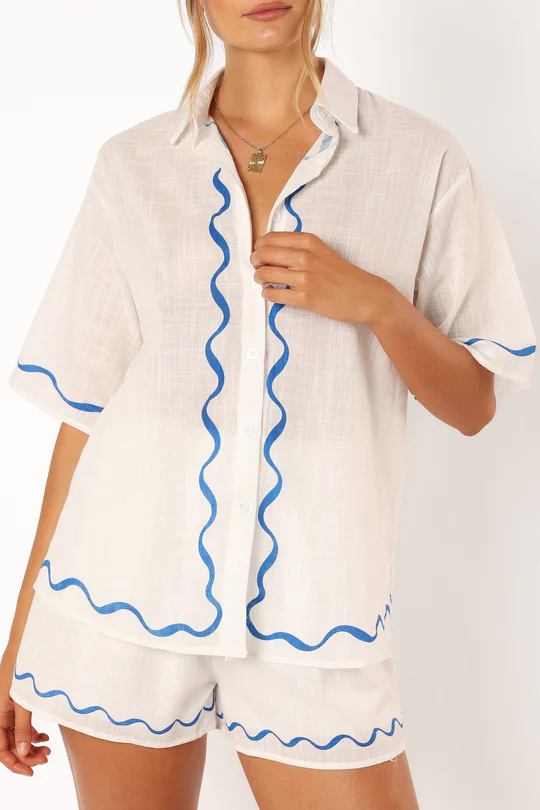 Women's Linen Two Piece Button Up Shirt Shorts Co-ord Set