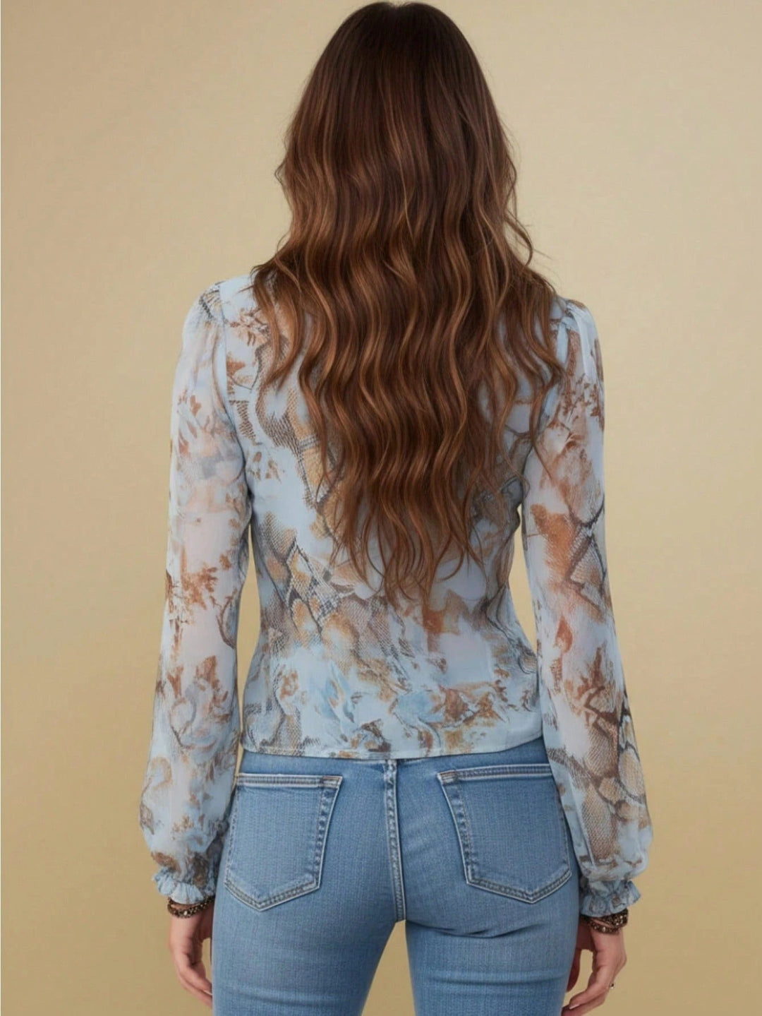 Blouse imprimée pour femme en mousseline, à manches longues et à volants