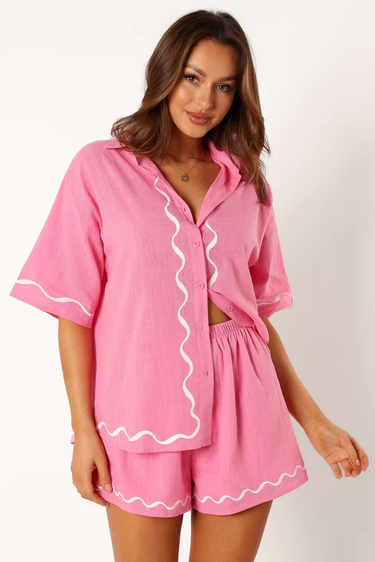 Women's Linen Two Piece Button Up Shirt Shorts Co-ord Set