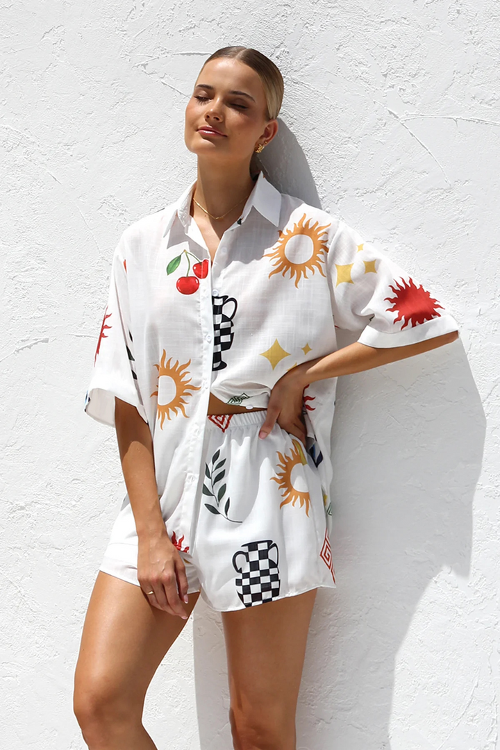 Women's Linen Two Piece Button Up Shirt Shorts Co-ord Set