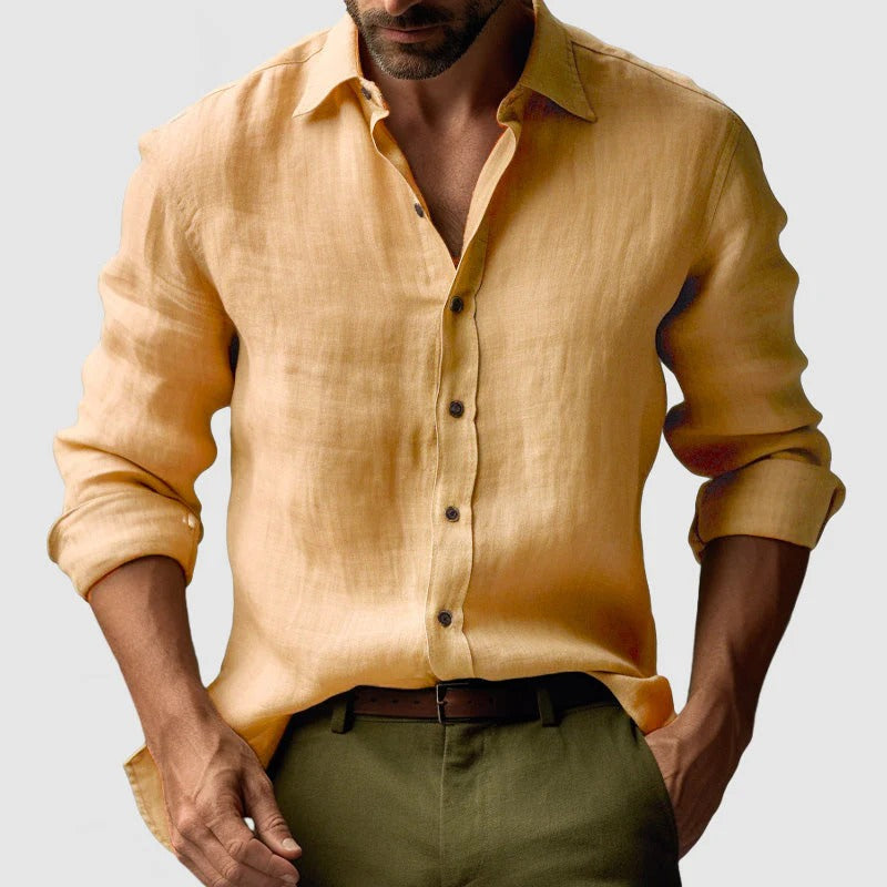 Men's Linen Long Sleeve Casual Shirt Breathable Button Down Top