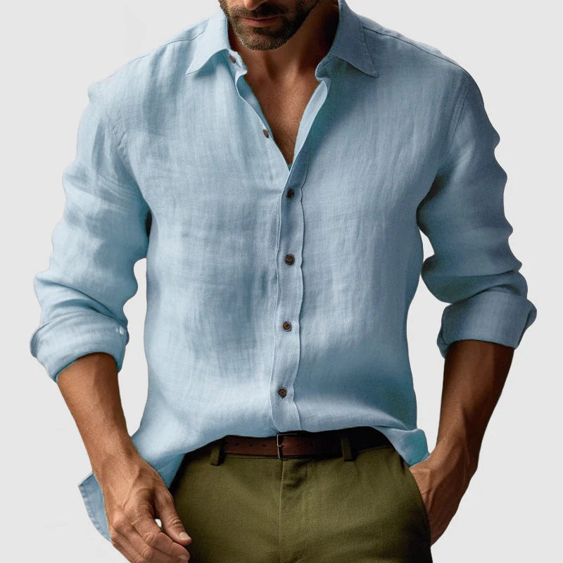 Men's Linen Long Sleeve Casual Shirt Breathable Button Down Top
