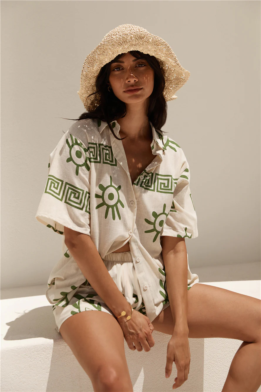 Women's Linen Two Piece Button Up Shirt Shorts Co-ord Set