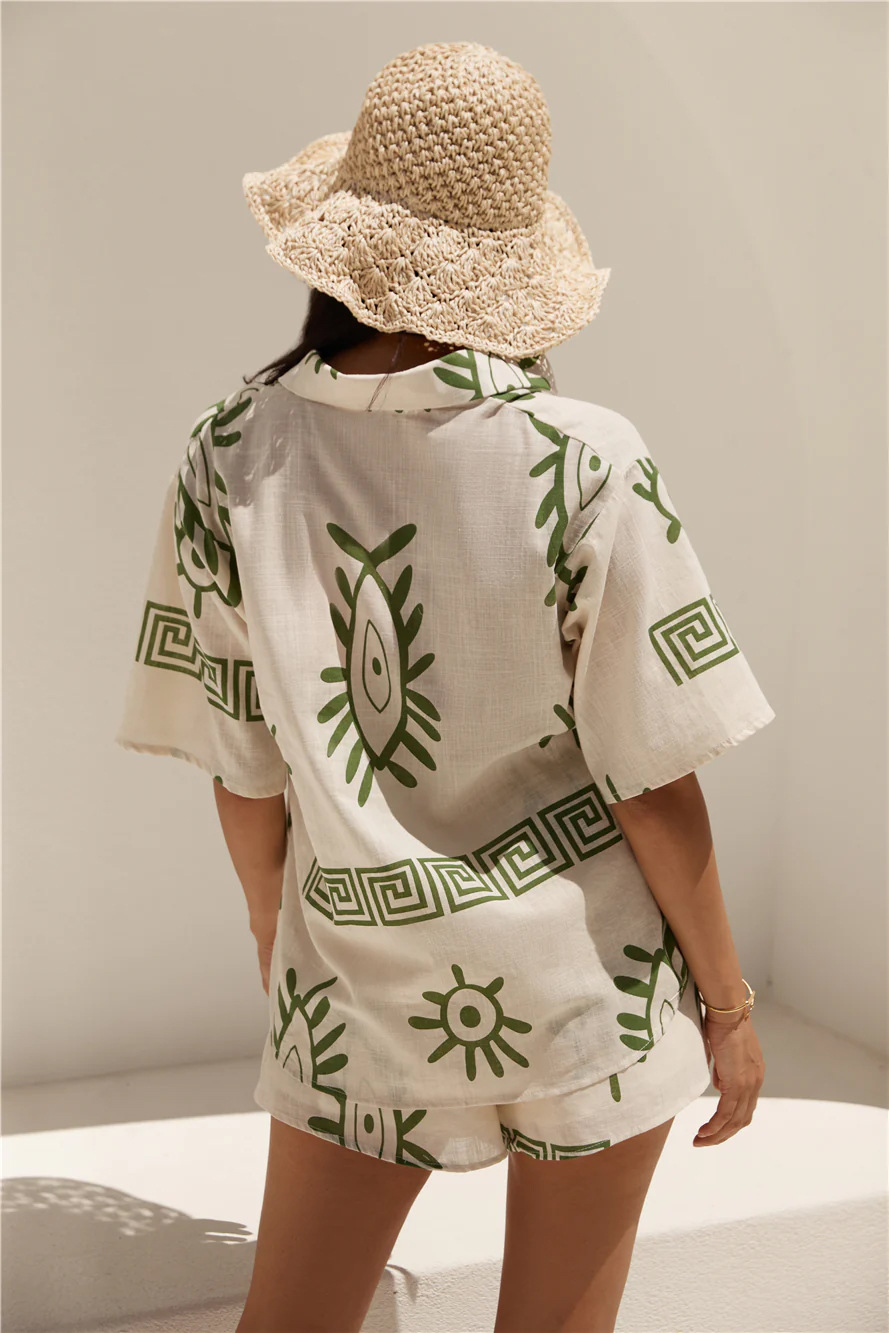 Women's Linen Two Piece Button Up Shirt Shorts Co-ord Set
