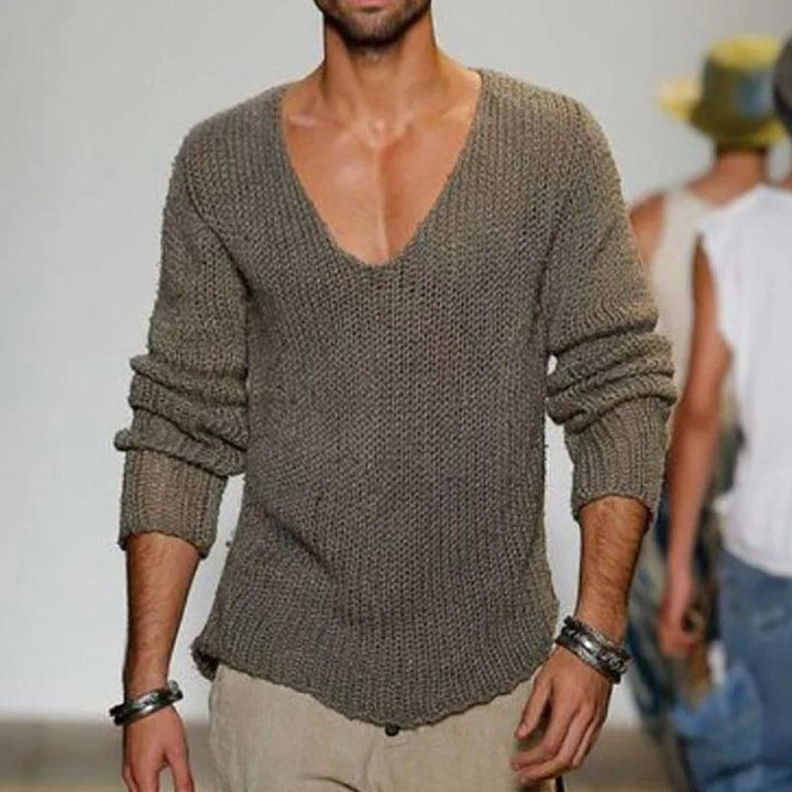 Men's Merino Wool Deep V-Neck Knit Sweater