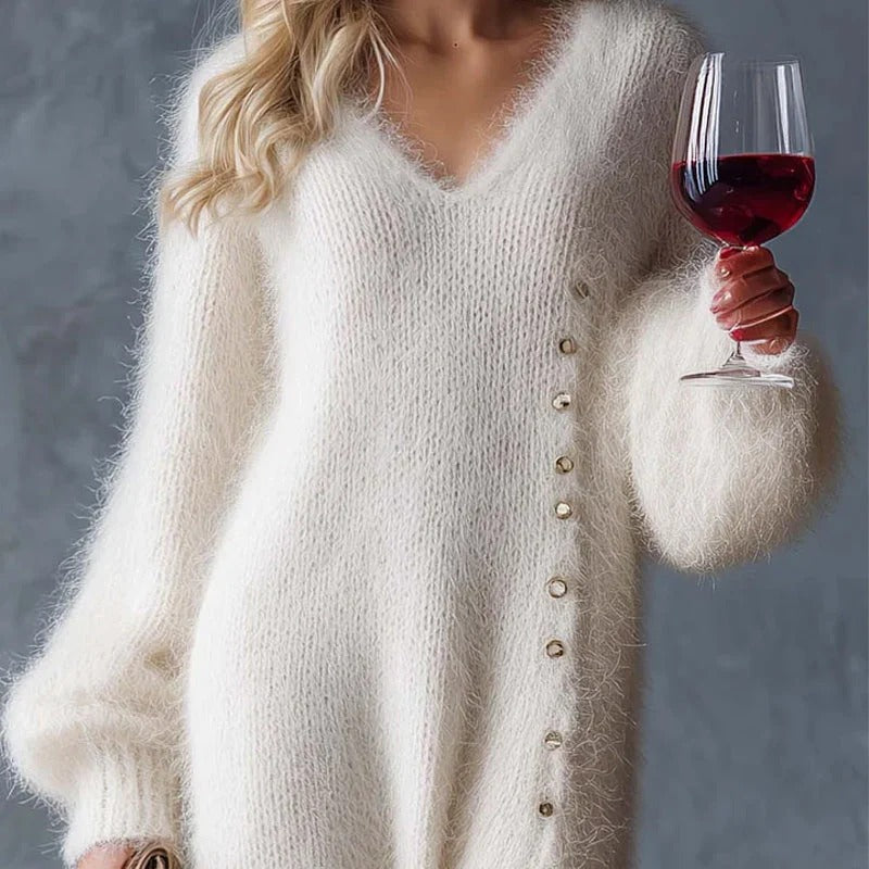 Women’s V-Neck Puff-Sleeve Knit Maxi Sweater Dress