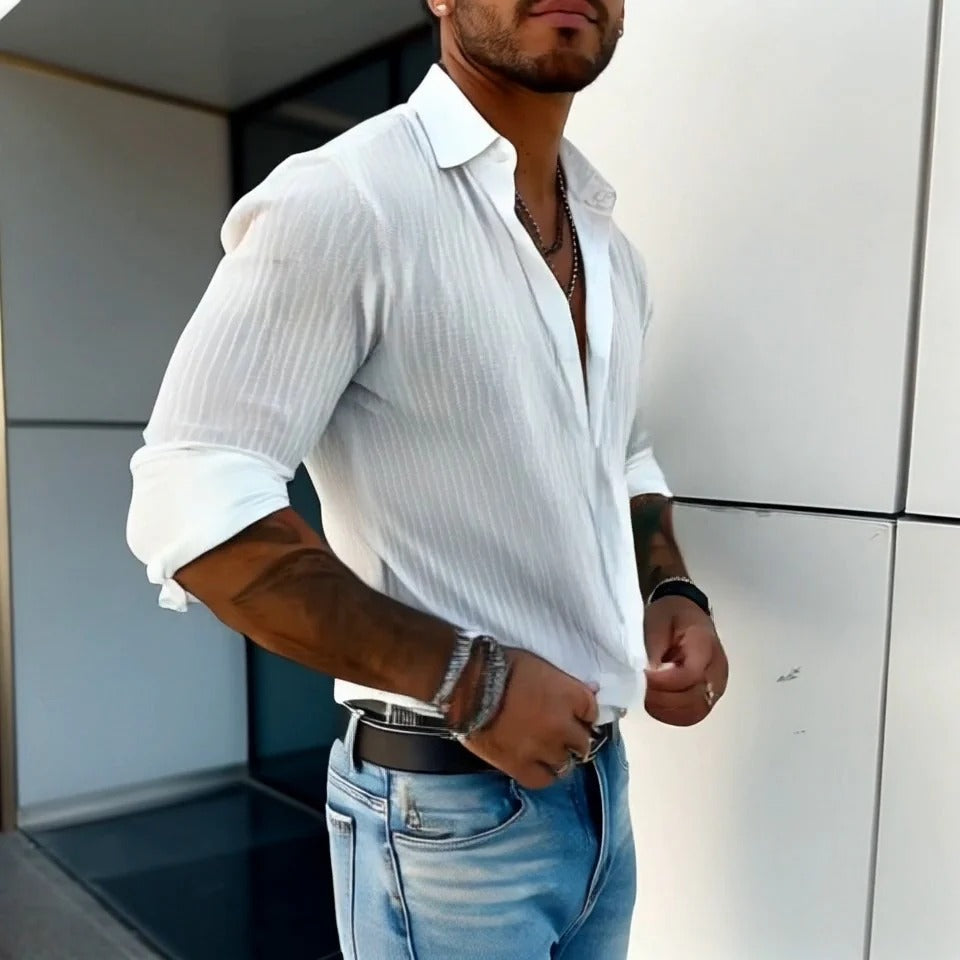 Men's Slim Fit Linen Textured Long Sleeve Button Down Shirt