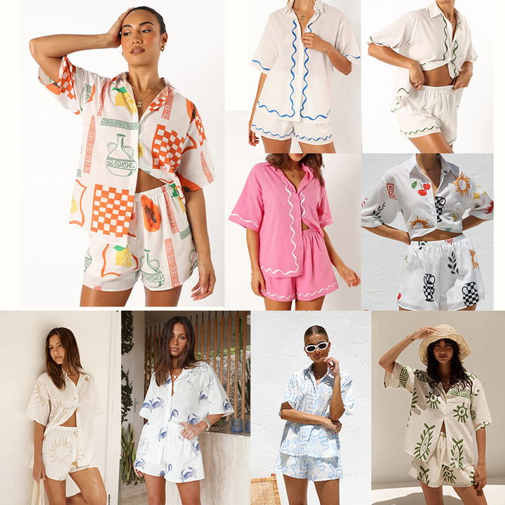 Women's Linen Two Piece Button Up Shirt Shorts Co-ord Set