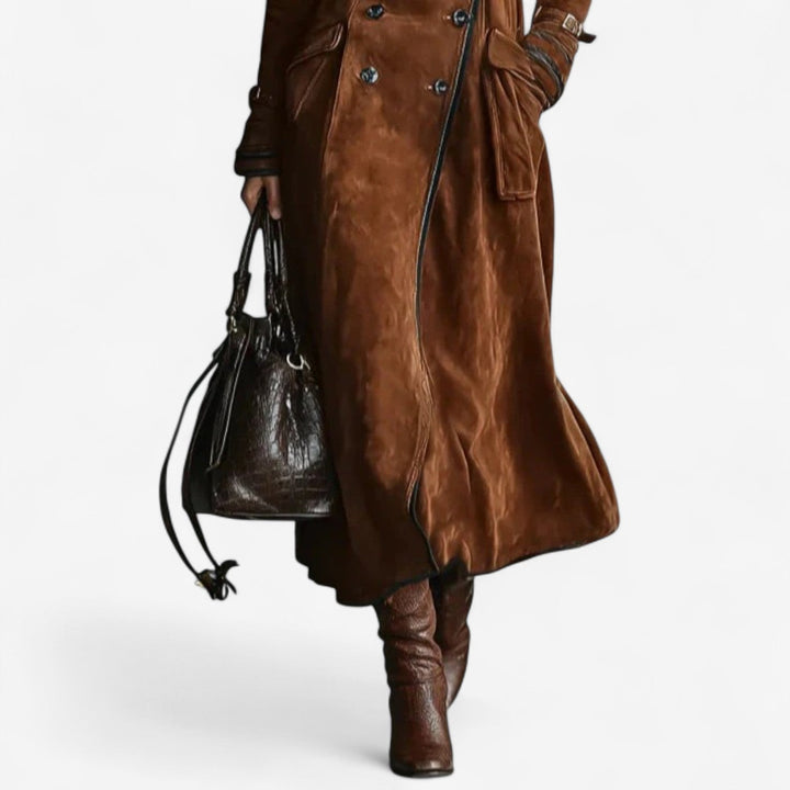 Women's Suede Trench Coat Jacket Long Outerwear