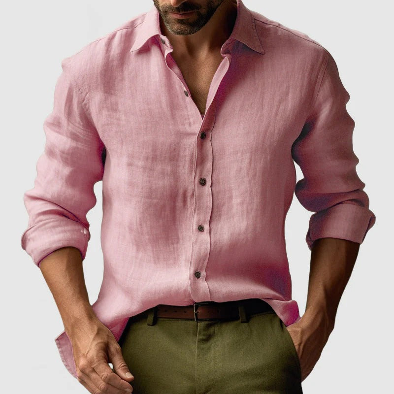 Men's Linen Long Sleeve Casual Shirt Breathable Button Down Top