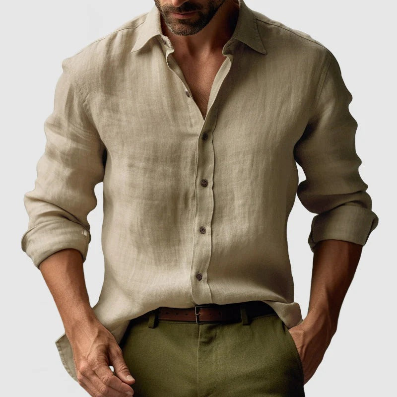 Men's Linen Long Sleeve Casual Shirt Breathable Button Down Top
