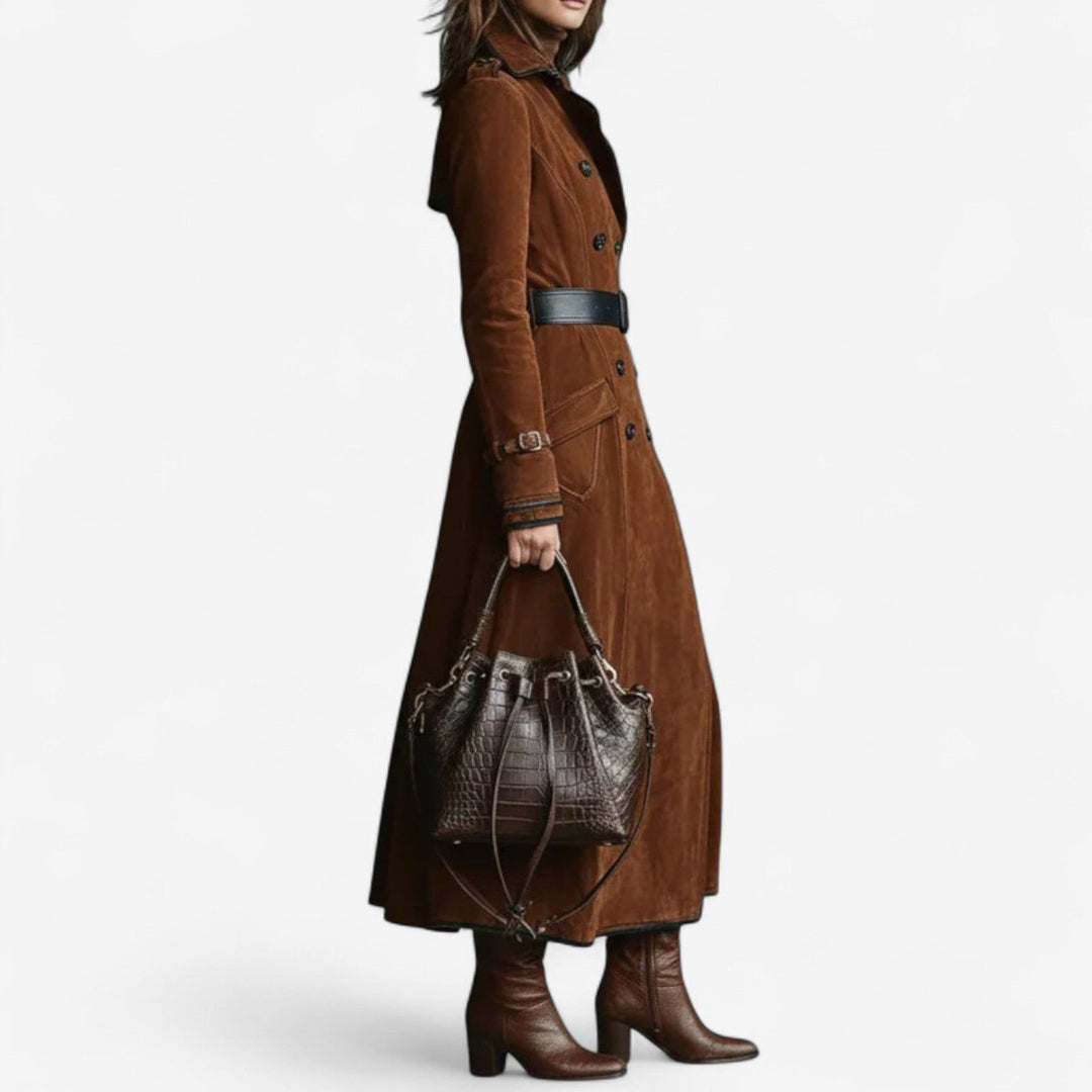 Women's Suede Trench Coat Jacket Long Outerwear