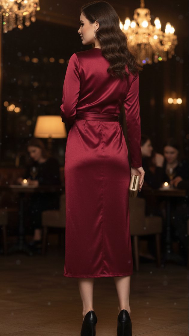 Women's Satin Wrap Long Sleeve Party Evening Midi Dress