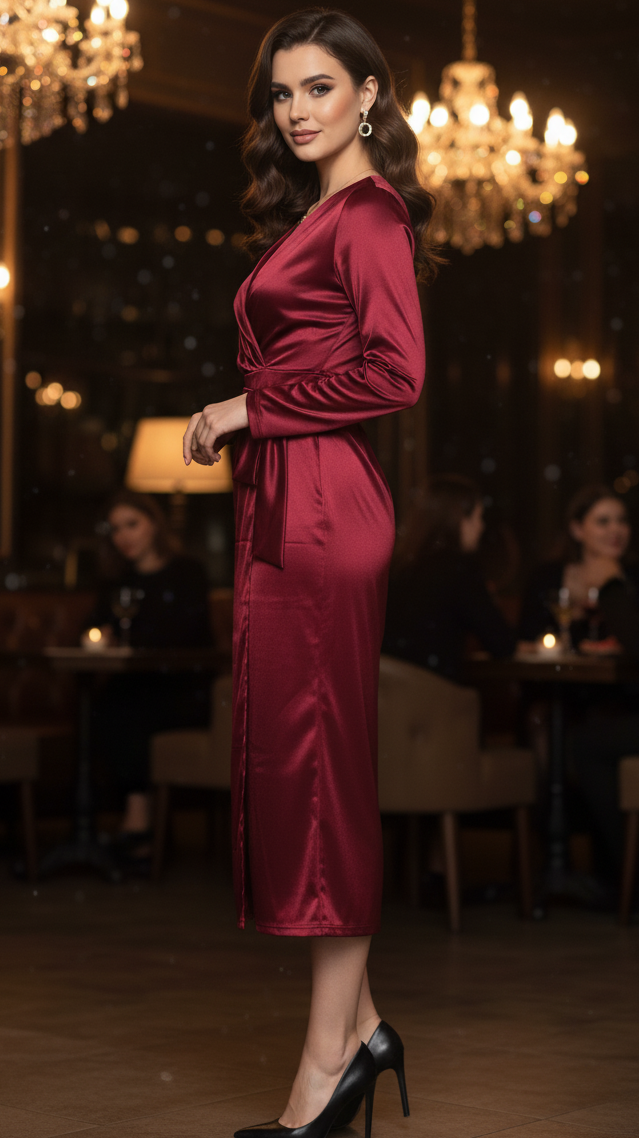 Women's Satin Wrap Long Sleeve Party Evening Midi Dress