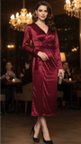 Women's Satin Wrap Long Sleeve Party Evening Midi Dress