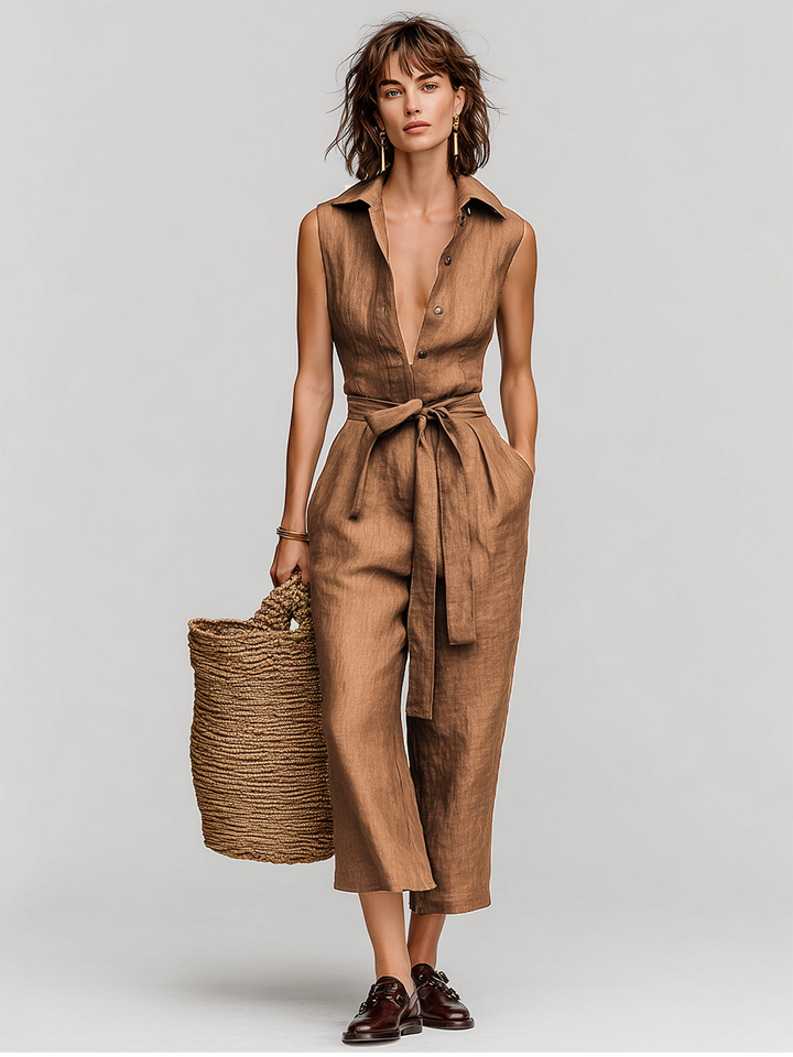 Women's Linen Belted Wide Leg Jumpsuit