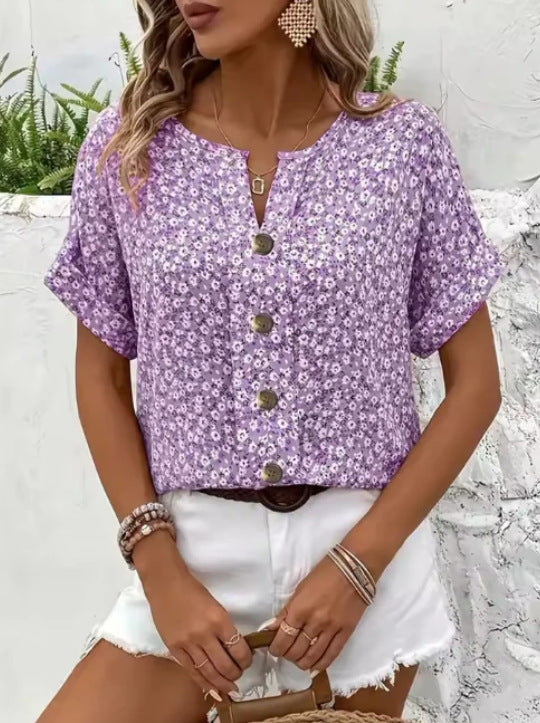 Women's Linen Floral Print V Neck Short Sleeve Button Up Blouse