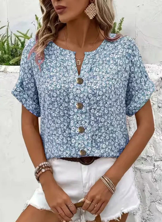 Women's Linen Floral Print V Neck Short Sleeve Button Up Blouse