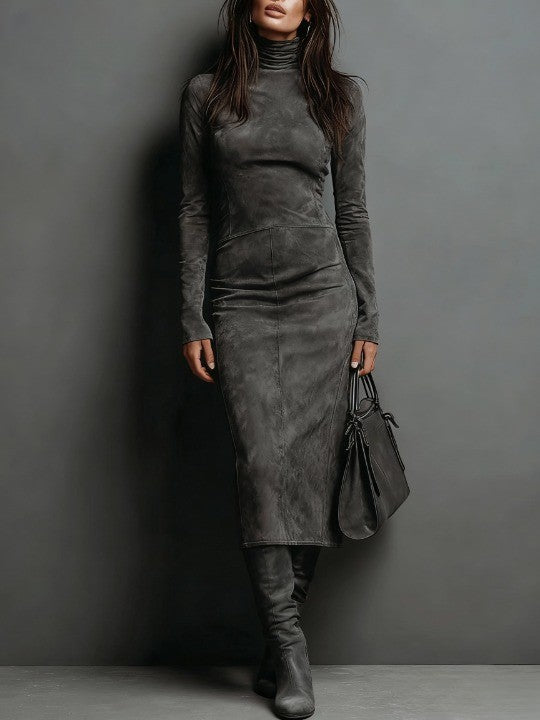 Women's Suede Turtleneck Ruched Long Sleeve Fitted Midi Dress