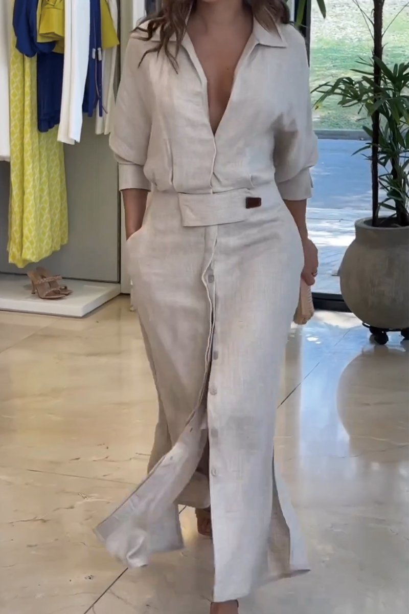 Women's Linen Long Sleeve Casual V Neck Maxi Shirt Dress