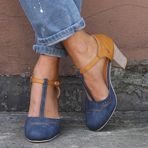 Women's Leather Orthopedic Block Heel T-Strap Pumps