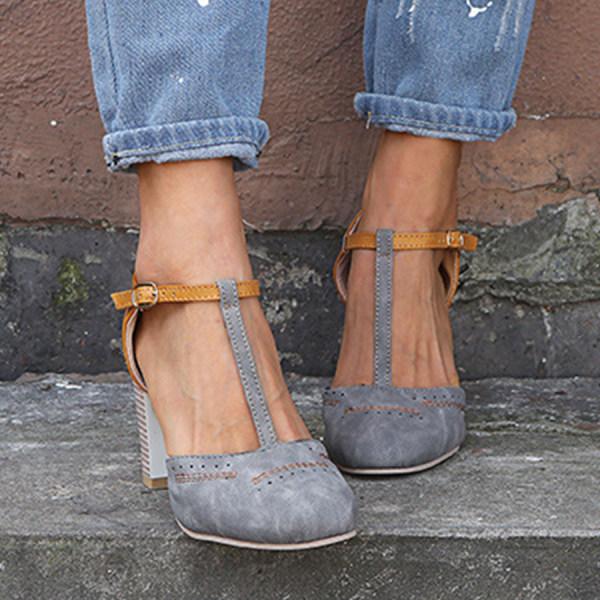 Women's Leather Orthopedic Block Heel T-Strap Pumps