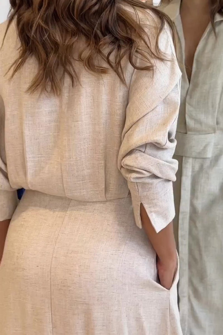 Women's Linen Long Sleeve Casual V Neck Maxi Shirt Dress