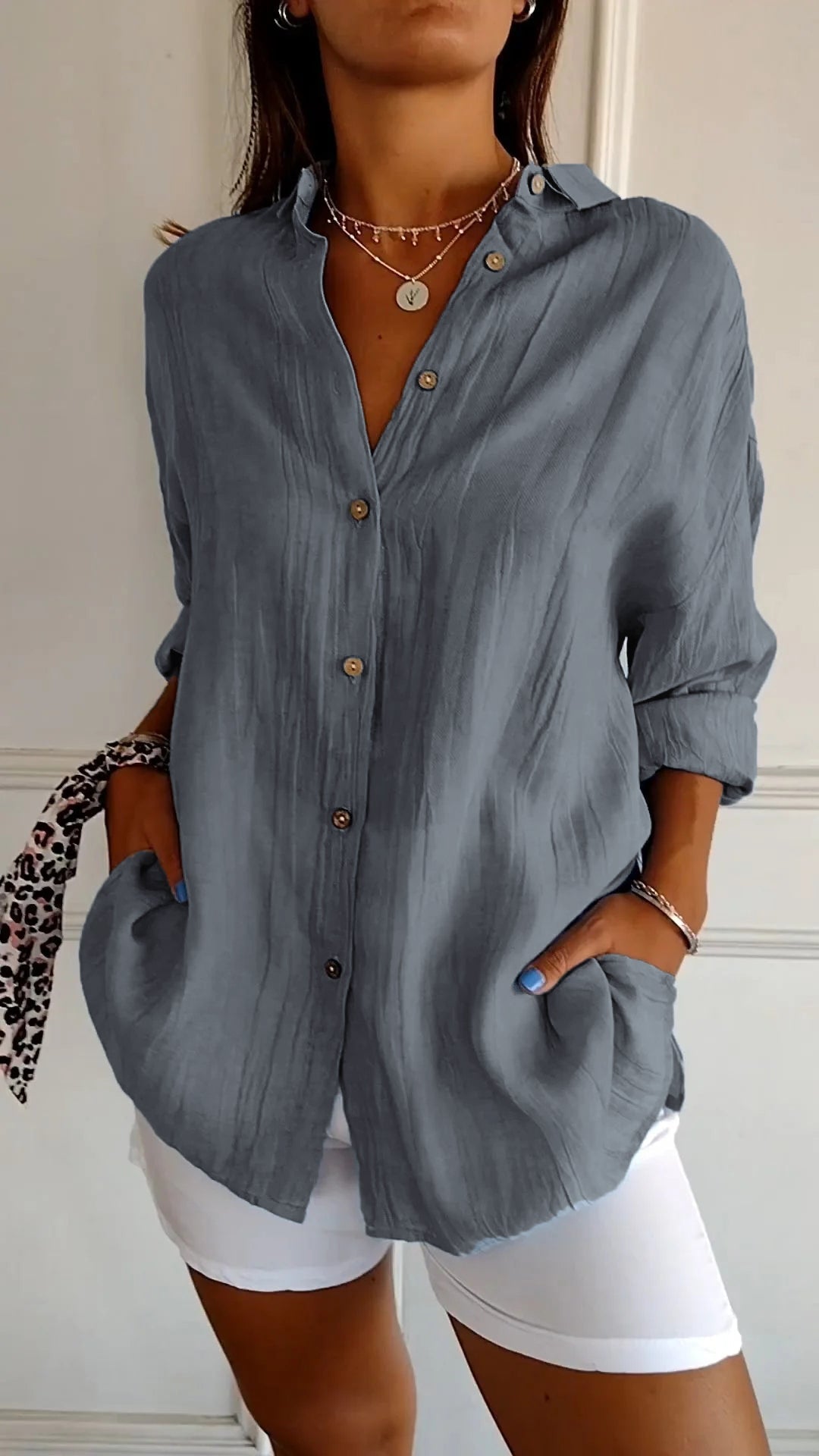 Women's Linen Blend Button Down Shirt Long Sleeve Loose Fit Tunic Blouse
