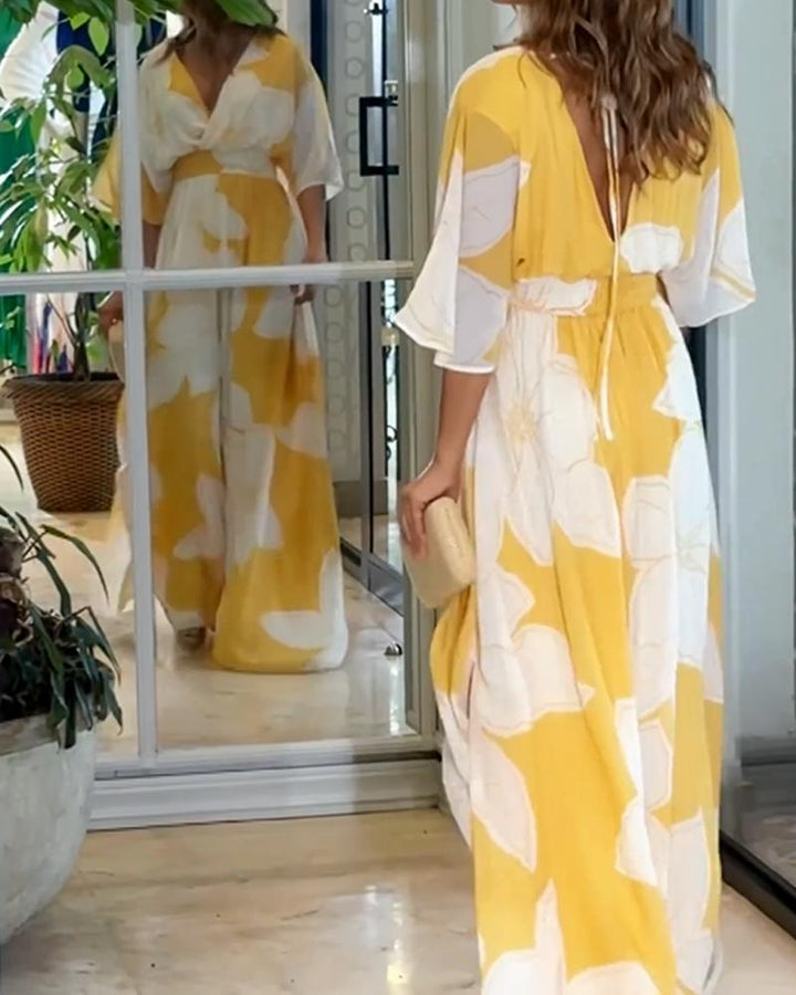 Women's Floral Print V-Neck Wrap Chiffon Maxi Dress