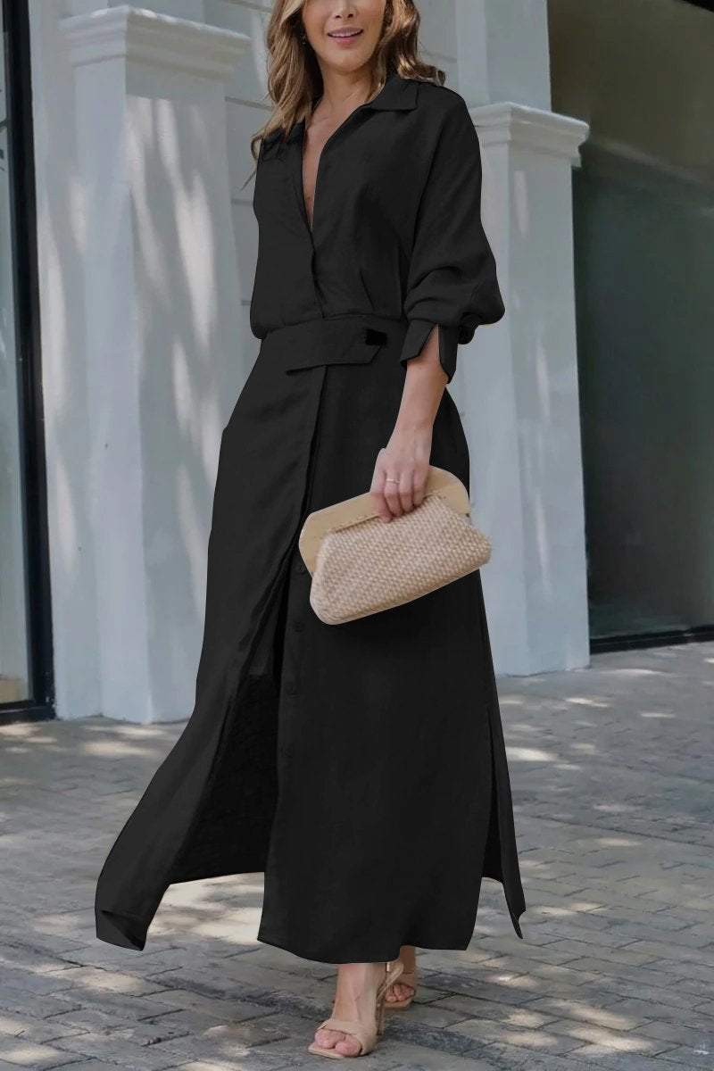 Women's Linen Long Sleeve Casual V Neck Maxi Shirt Dress