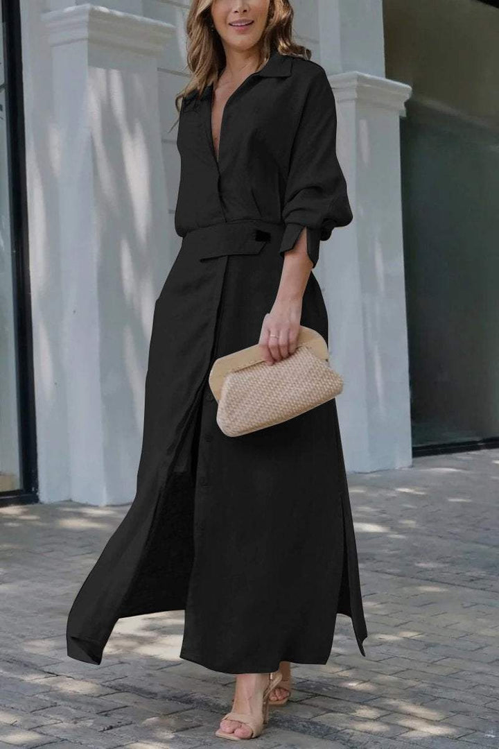 Women's Linen Long Sleeve Casual V Neck Maxi Shirt Dress
