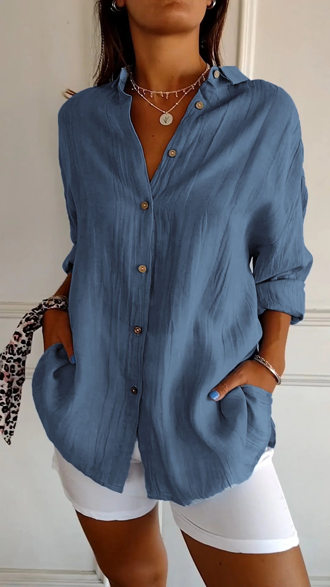 Women's Linen Blend Button Down Shirt Long Sleeve Loose Fit Tunic Blouse