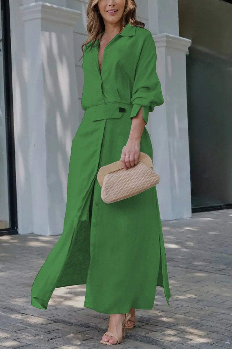 Women's Linen Long Sleeve Casual V Neck Maxi Shirt Dress