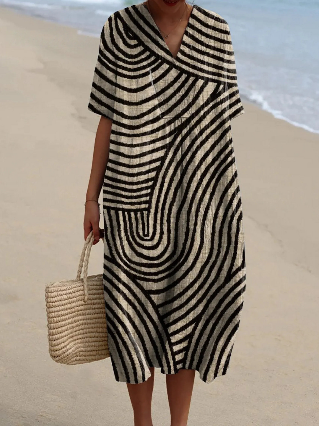Women's Linen Blend V-Neck Kaftan Maxi Dress