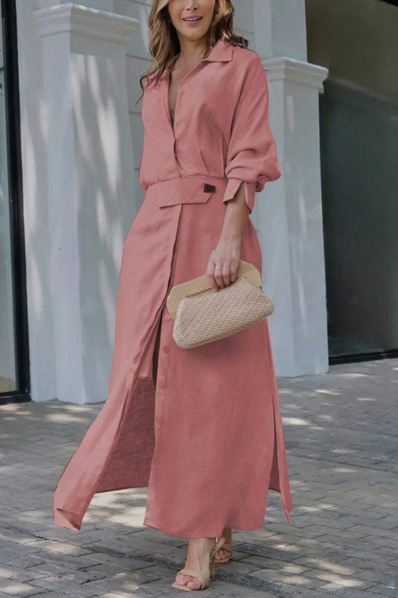 Women's Linen Long Sleeve Casual V Neck Maxi Shirt Dress
